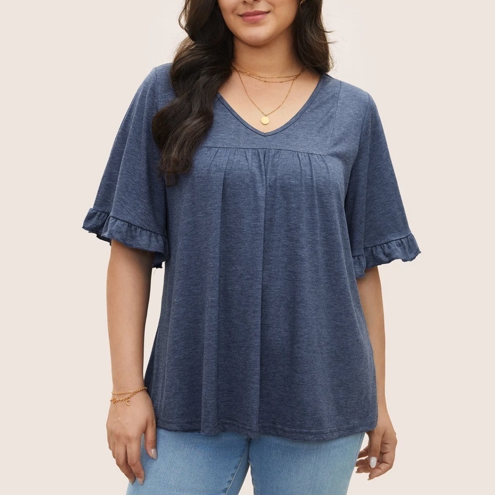 BloomChic Plus Size 5XL Solid Gathered Ruffle Trim Flounce Sleeve T-shirt us28